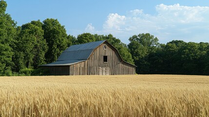 Obraz premium Rustic wooden barn in golden wheat field under a partly cloudy sky. Possible use Stock photo for agriculture, rural landscapes, nature, or farm life