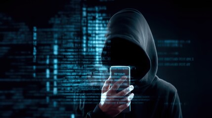 Hacker in a hoodie holding a mobile phone with a code background, illustrating the world of hacking, online surveillance, and digital security threats in modern technology