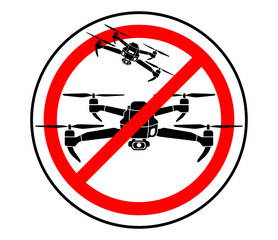 A striking prohibition symbol with a red diagonal line over two drone icons, indicating "No Drones Allowed." Ideal for safety, security, or restricted-area warnings.