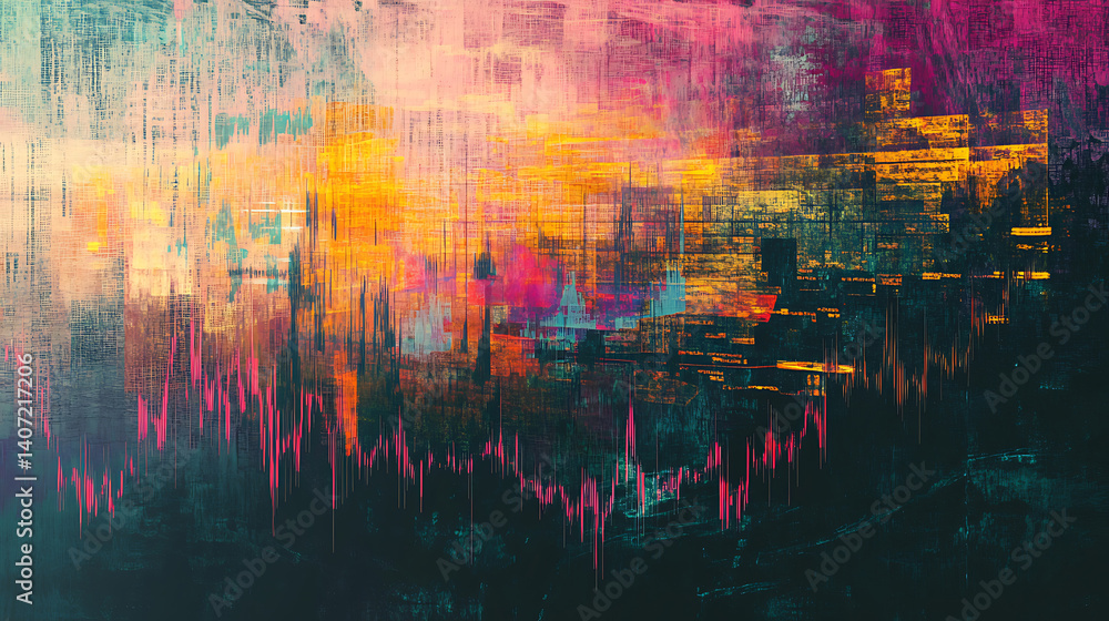 Poster abstract financial data visualization painting with chart overlay and urban skyline elements