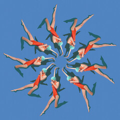 Contemporary art collage. Illusion effect of rotating swimmers in red swimsuits and green caps...