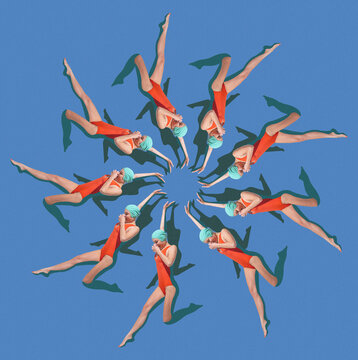 Fototapeta Contemporary art collage. Illusion effect of rotating swimmers in red swimsuits and green caps forming sunburst shape with dynamic flow. Concept of vacation, holidays, sport, fashion and style.