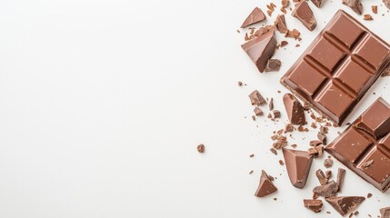 Group of chocolate bars scattered on a white background. the chocolate bars are rectangular in shape and have a rich, dark brown color.