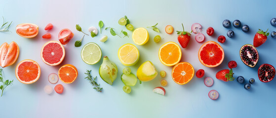 Colorful assortment of fresh fruits and vegetables on clean blue background