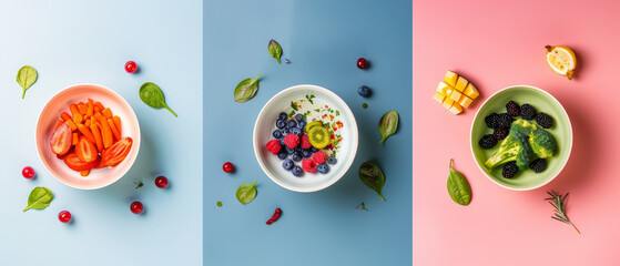 Top view three bowls of fresh fruit and vegetables arranged on clean background