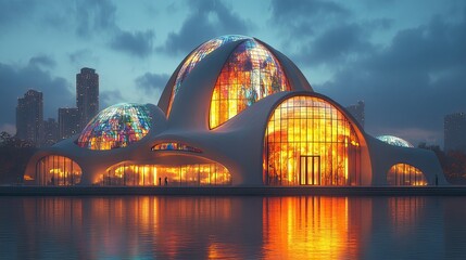 Obraz premium A modern, luminous cathedral at twilight, reflecting on a serene lake.