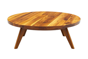 Elegant round wooden coffee table showcasing rich teak wood grain mid century modern design on on transparent background