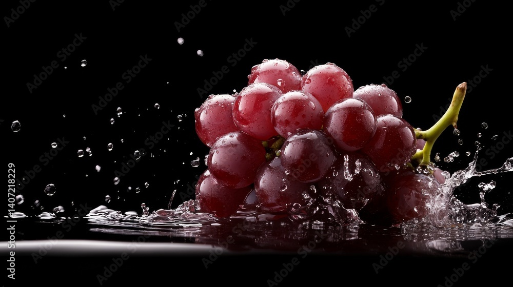 Poster a single grape explodes mid-air, releasing vivid droplets and fragments, enhanced by a dramatic blac