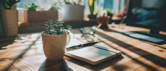 Mug with plant on wooden table next to a notebook, office environment