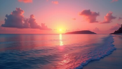 Obraz premium Serene Sunset Over the Sea: The sky ablaze with pink hues at dusk, the sea mirroring the vibrant colors. Capturing peace, tranquility, and the beauty of a sunset moment.