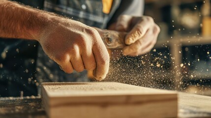 Carpenter sanding wood for a smooth finish. Featuring attention to detail and skill