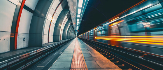 Subway train in tunnel, motion blur effect, tunnel walls illuminated with fluorescent lights