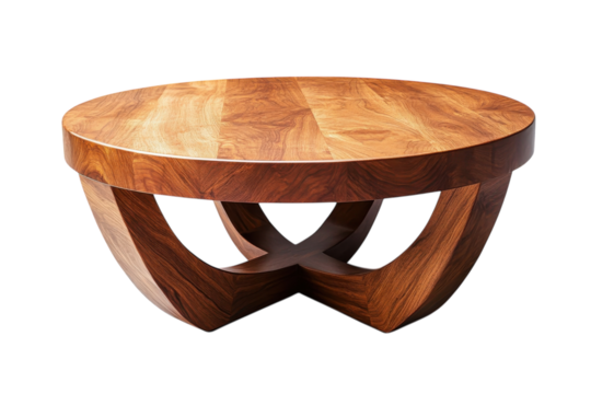 Elegant round wooden coffee table with unique curved base showcasing rich grain and polished on transparent background