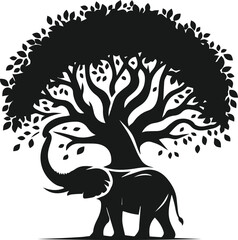 Elephant with tree vector animal silhouette