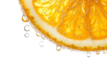 Fresh orange slice with sparkling bubbles.
