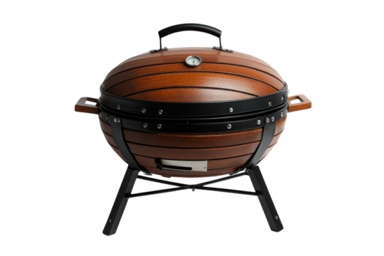 Elegant wooden spherical BBQ grill perfect for outdoor cooking features a built in thermometer on transparent background - Powered by Adobe