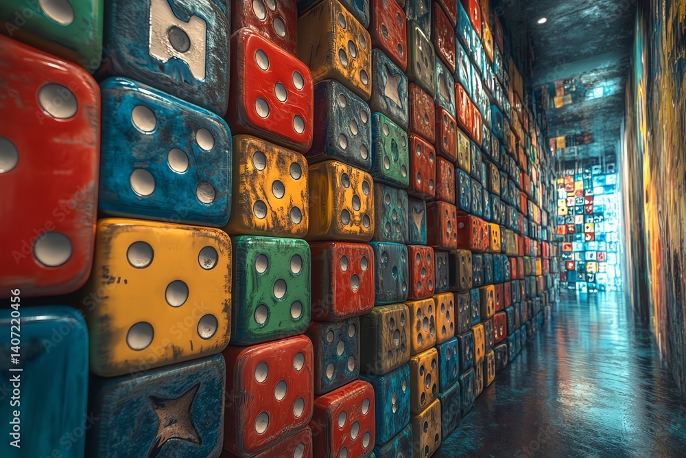 Aufkleber a vibrant corridor is lined with a wall of colorful, weathered dice creating a unique and grungy atm