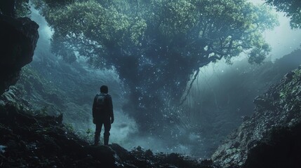 Obraz premium Surreal Sci-Fi Landscape with Towering Tree in Mystical Environment