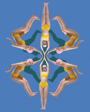 Fototapeta Artvisual collage. Pink-capped swimmer in yellow suit surrounded by mirrored clones in circular pattern, creating illusion of motion. Concept of summer, vacation, holidays, sport, fashion and style.