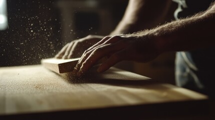 Carpenter sanding wood pieces for furniture project. Featuring craftsmanship and attention to detail