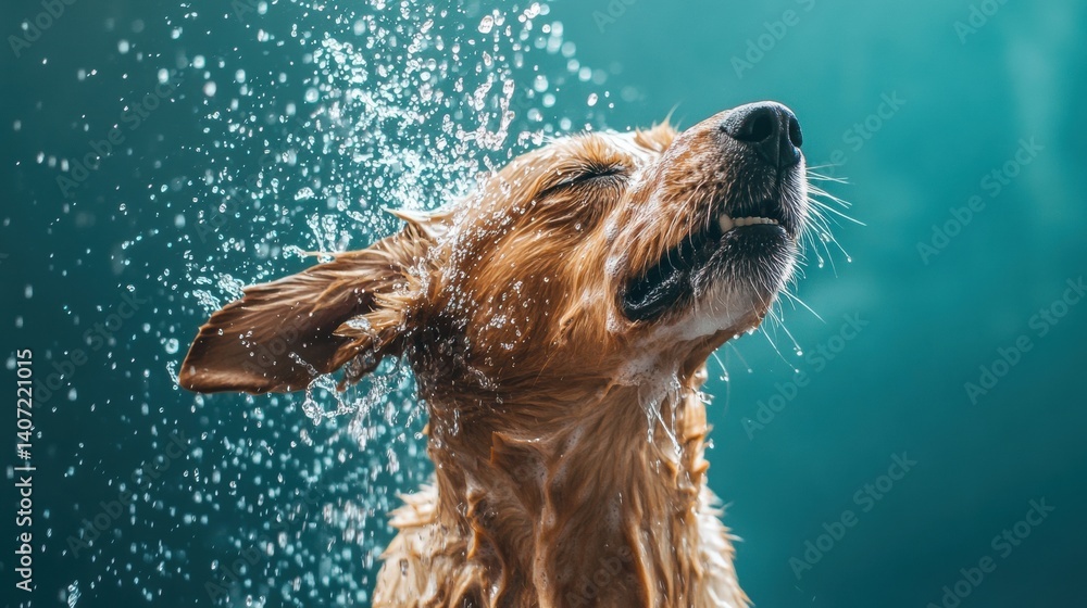Aufkleber wet dog shakes off water after bath creating a dramatic splash effect in a vibrant setting