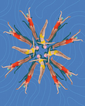 Fototapeta Contemporary collage. Multicolored swimsuit swimmers arranged in dynamic circle with visual rhythm and swirling flow illusion. Concept of summer, vacation, holidays, sport, fashion and style.