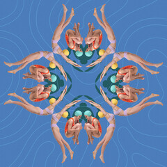 Composite artwork. Red and lilac swimmers curled and extended in symmetrical floral illusion across...