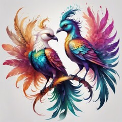Two Vibrant Rainbow Birds Perched on Branch Colorful Feathers Fantasy Art