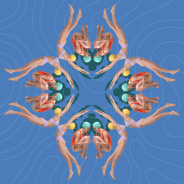 Fototapeta Composite artwork. Red and lilac swimmers curled and extended in symmetrical floral illusion across floating blue canvas. Concept of summer, vacation, holidays, sport, fashion and style.