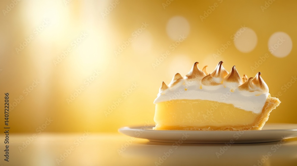 Poster Close-up of a slice of lemon meringue pie showcasing toasted meringue peaks on a pastel yellow backdrop, inviting dessert enthusiasts to enjoy its sweetness