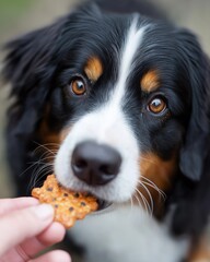 A close-up of a dog's face eagerly reaching for a treat being offered by a hand, showcasing a moment of excitement and affection.