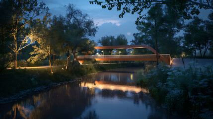 Obraz premium Modern pedestrian bridge illuminated at twilight over a calm river surrounded by lush trees reflecting in the water