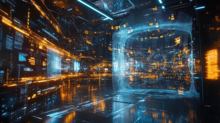 An abstract digital futuristic interior with data visualization displays