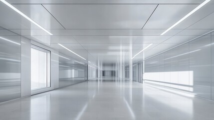 Modern, minimalist white corridor with bright lighting and reflective floors.