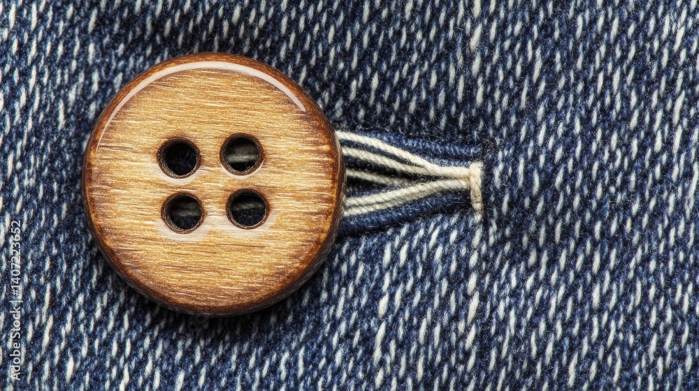 Poster detailed close-up of a wooden button fastened on a blue jean jacket, with soft natural light creatin