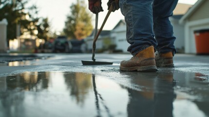 Concrete worker smoothing freshly poured cement on a driveway. Featuring skill and focus