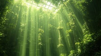 Sunlight streams through a lush, green underwater forest.