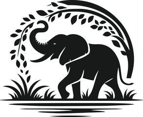Elephant with tree vector animal silhouette