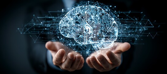Fototapeta premium Digital Brain: The essence of innovation takes form as a luminous, digital brain hovers between cupped hands, a visual symphony of science and technology in a mesmerizing composition.