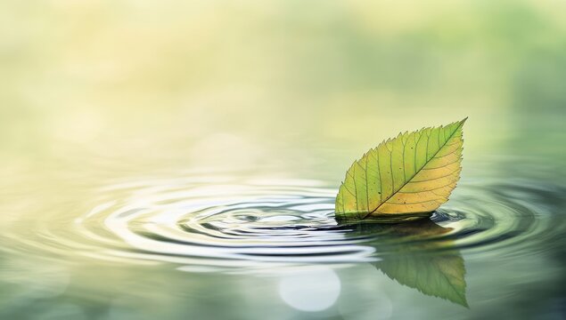 A single green leaf rests on water surface creating ripples in soft light.