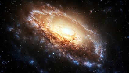 Fototapeta premium Spiral galaxy with bright center and swirling arms against a dark background.