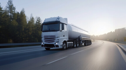 Naklejka premium A large white semi-trailer drives along an empty road. The truck carries a large tank of liquid or fuel