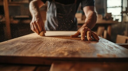 Carpenter sanding wooden table top. Featuring craftsmanship and detail