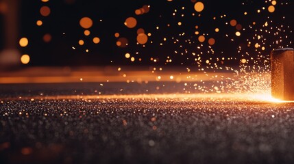Glowing orange metal is struck by a hammer, sending vibrant sparks into the air against a dark, blurred background of forge tools and glowing embers