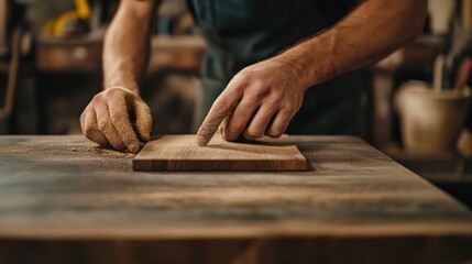 Carpenter sanding wooden table top. Featuring craftsmanship and detail