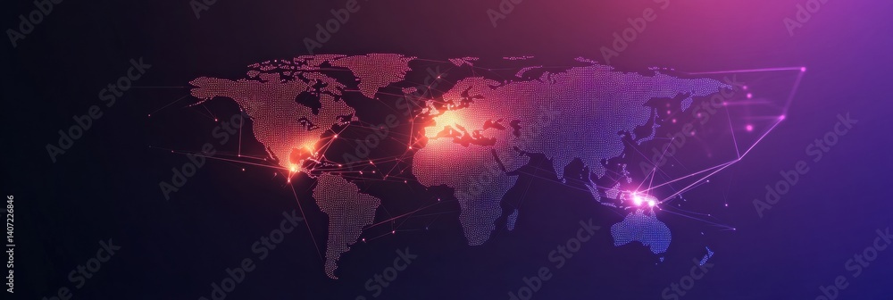 Poster Stylized dotted world map with glowing connections showcasing global networks on a vibrant gradient background