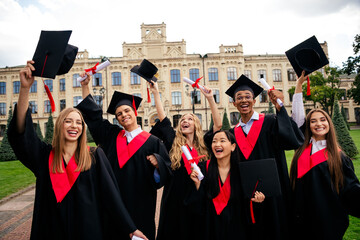 Joyful group of university graduates celebrating with diplomas in summer