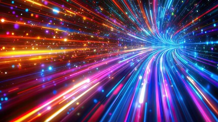 A vibrant, colorful tunnel of light streaks depicting fast motion.