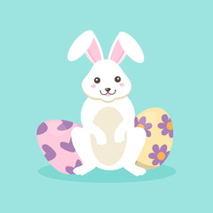 Cute white Easter bunny vector illustration sitting with decorated eggs on a light blue background. Happy spring holiday design.