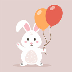 Cute white bunny holding two balloons against a light beige background. Rabbit has a fluffy body and a sweet smile. Its paw is raised in a friendly wave.